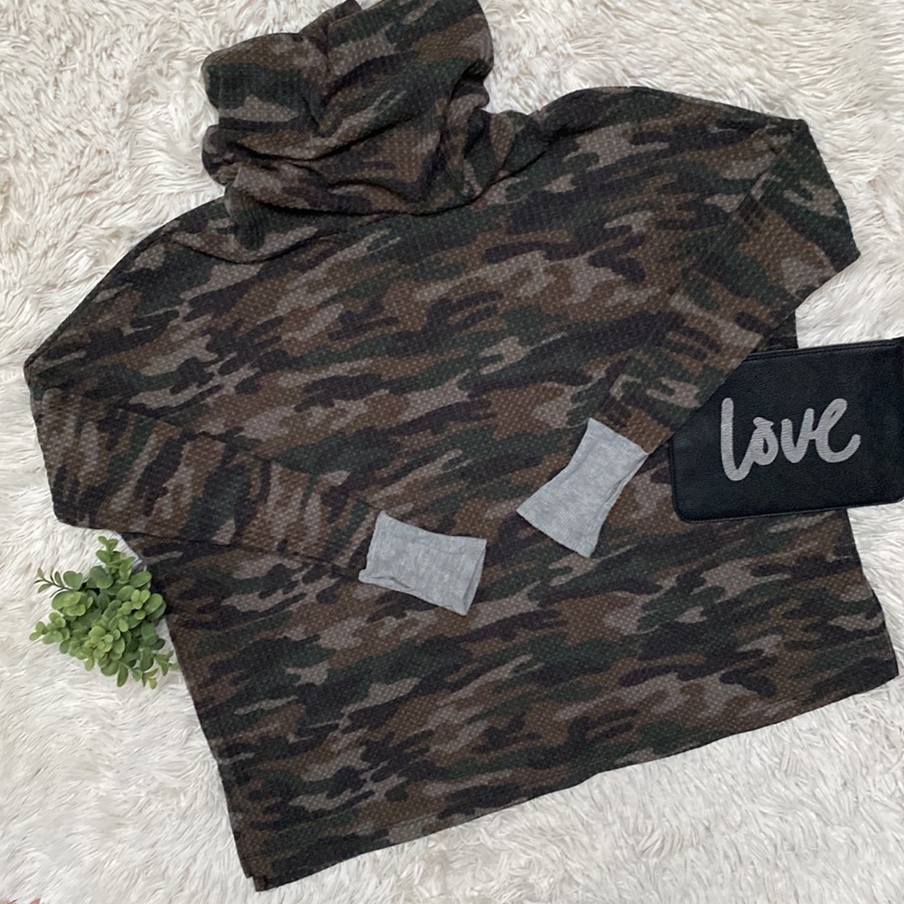 My Story Camo Cowl Neck Waffle Top 💗 Olive Black & Brown